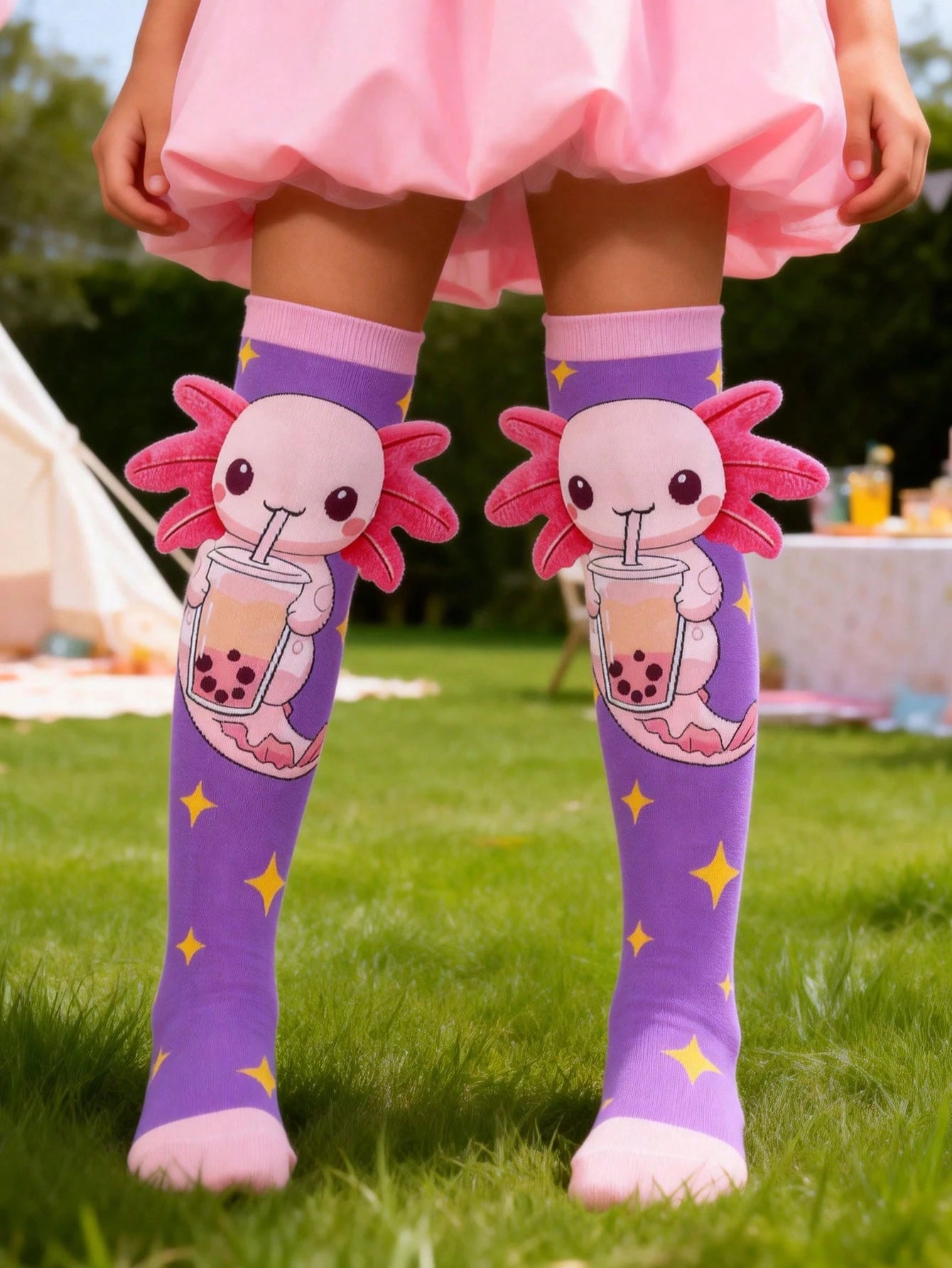 1 Pair Cute Axolotl With 3D Ears Drink Bubble Tea Knee High Socks, Little Marine Animals Axolotl Over The Knee Socks, Back To School, Crazy Socks