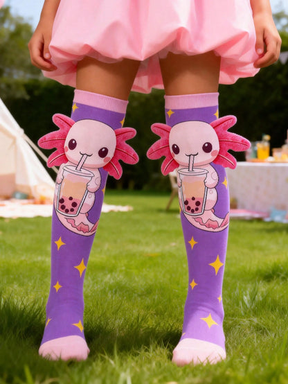 1 Pair Cute Axolotl With 3D Ears Drink Bubble Tea Knee High Socks, Little Marine Animals Axolotl Over The Knee Socks, Back To School, Crazy Socks