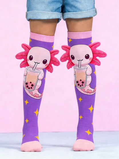 1 Pair Cute Axolotl With 3D Ears Drink Bubble Tea Knee High Socks, Little Marine Animals Axolotl Over The Knee Socks, Back To School, Crazy Socks