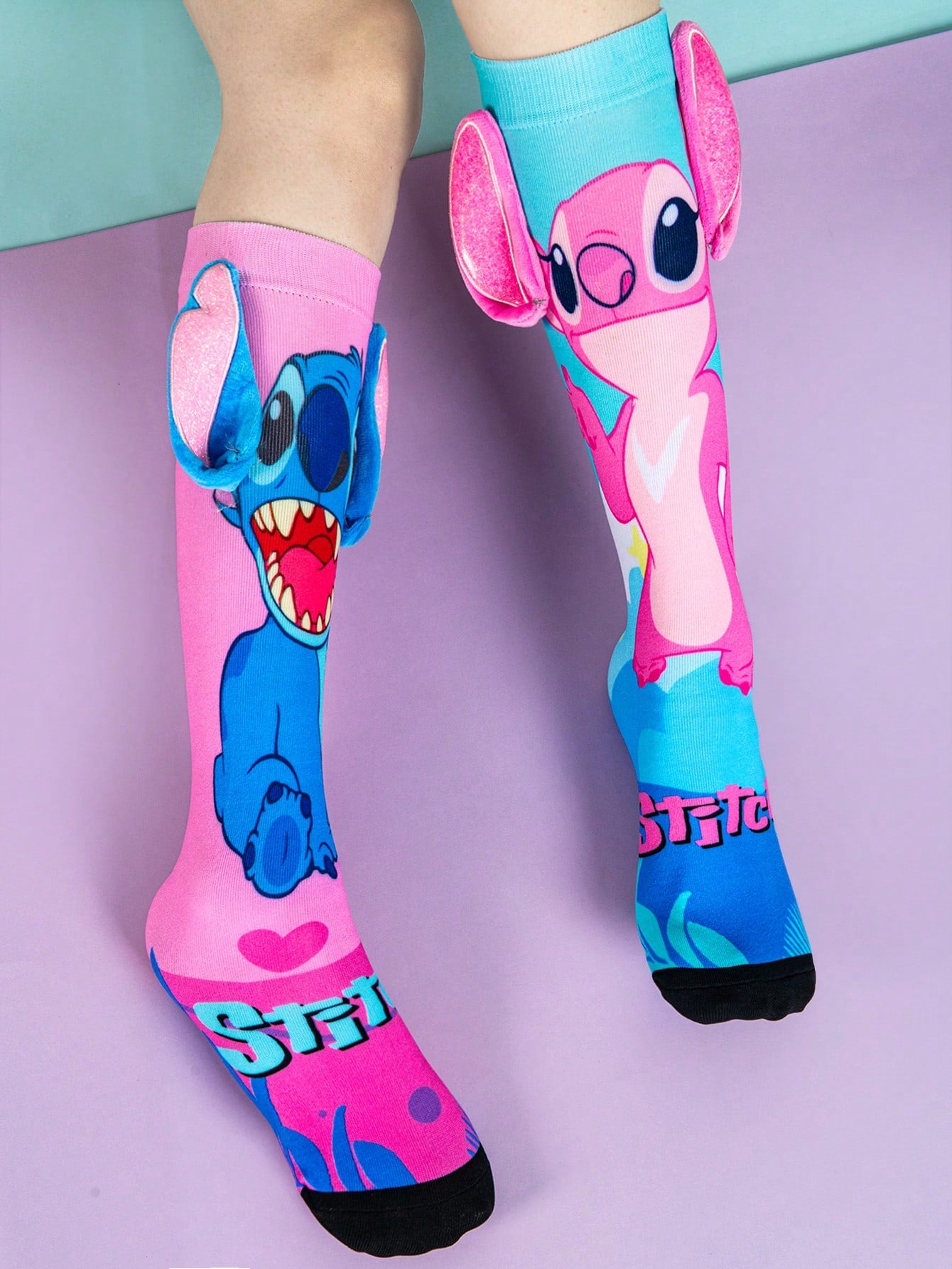 1 Pair Disney 3D Stitch Kids Knee-High Socks, Fashion High-Top Socks, Party Style, High Quality Gift, Back To School Essential, Fun Fashion Disney Little Fan Princess Leg Warmers