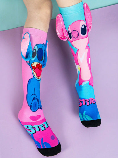 1 Pair Disney 3D Stitch Kids Knee-High Socks, Fashion High-Top Socks, Party Style, High Quality Gift, Back To School Essential, Fun Fashion Disney Little Fan Princess Leg Warmers