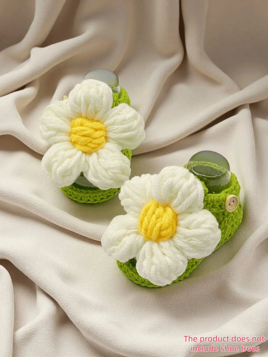 1 Pair Handmade Crochet Daisy Flower Pattern Infant Prewalker Shoes, White With Yellow Center, Soft Knitted Infant Shoes