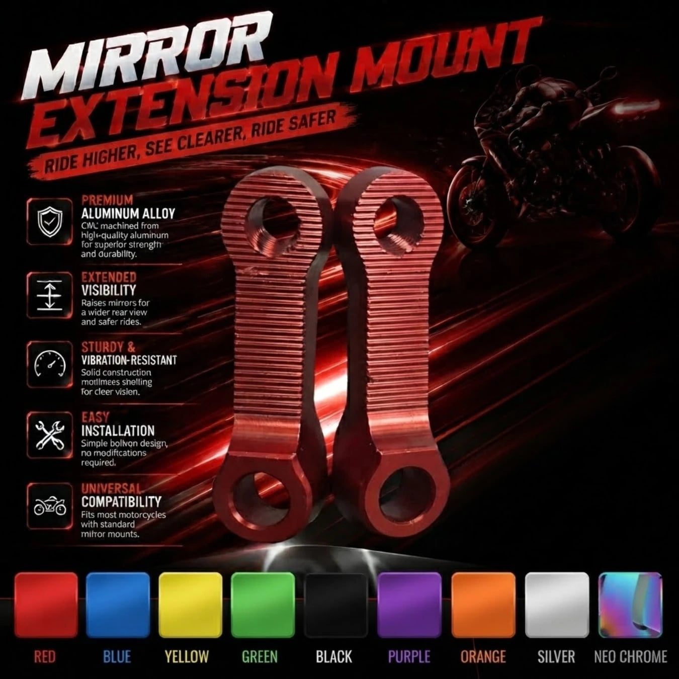 1 Pair Motorcycle Rearview Mirror Extension Bracket CNC Aluminum Alloy Raised Base 10mm Universal Rearview Mirror Extension Adapter Bracket Suitable For Motorcycle And Electric Scooter
