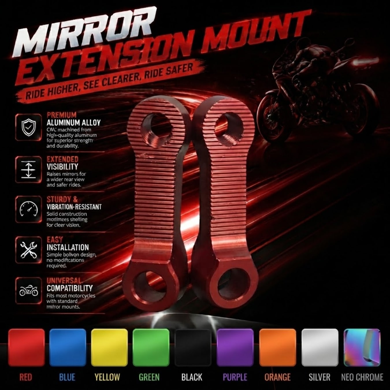 1 Pair Motorcycle Rearview Mirror Extension Bracket CNC Aluminum Alloy Raised Base 10mm Universal Rearview Mirror Extension Adapter Bracket Suitable For Motorcycle And Electric Scooter