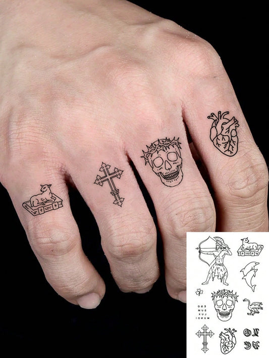 1 Pc Men's Old School Outline Temporary Tattoo Stickers, Mixed Gothic Pattern With Spartan Warrior, Thorn Skull, Cross, Real Heart, Dolphin, Lamb & Goose, Waterproof Sweatproof Vintage Body Tattoos Fo