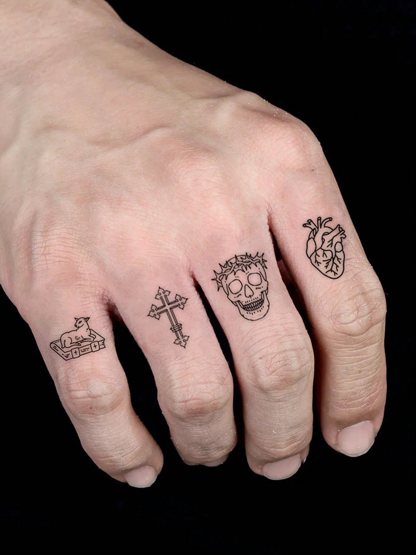 1 Pc Men's Old School Outline Temporary Tattoo Stickers, Mixed Gothic Pattern With Spartan Warrior, Thorn Skull, Cross, Real Heart, Dolphin, Lamb & Goose, Waterproof Sweatproof Vintage Body Tattoos Fo