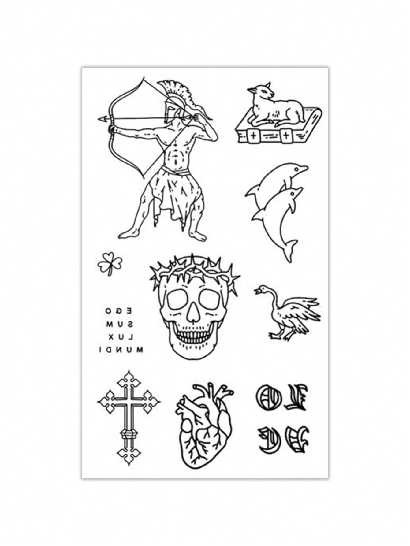 1 Pc Men's Old School Outline Temporary Tattoo Stickers, Mixed Gothic Pattern With Spartan Warrior, Thorn Skull, Cross, Real Heart, Dolphin, Lamb & Goose, Waterproof Sweatproof Vintage Body Tattoos Fo