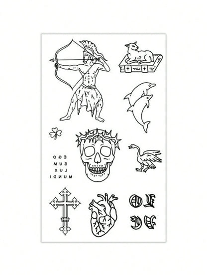 1 Pc Men's Old School Outline Temporary Tattoo Stickers, Mixed Gothic Pattern With Spartan Warrior, Thorn Skull, Cross, Real Heart, Dolphin, Lamb & Goose, Waterproof Sweatproof Vintage Body Tattoos Fo