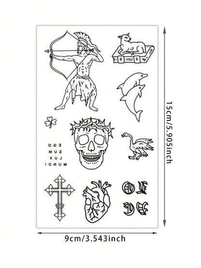 1 Pc Men's Old School Outline Temporary Tattoo Stickers, Mixed Gothic Pattern With Spartan Warrior, Thorn Skull, Cross, Real Heart, Dolphin, Lamb & Goose, Waterproof Sweatproof Vintage Body Tattoos Fo