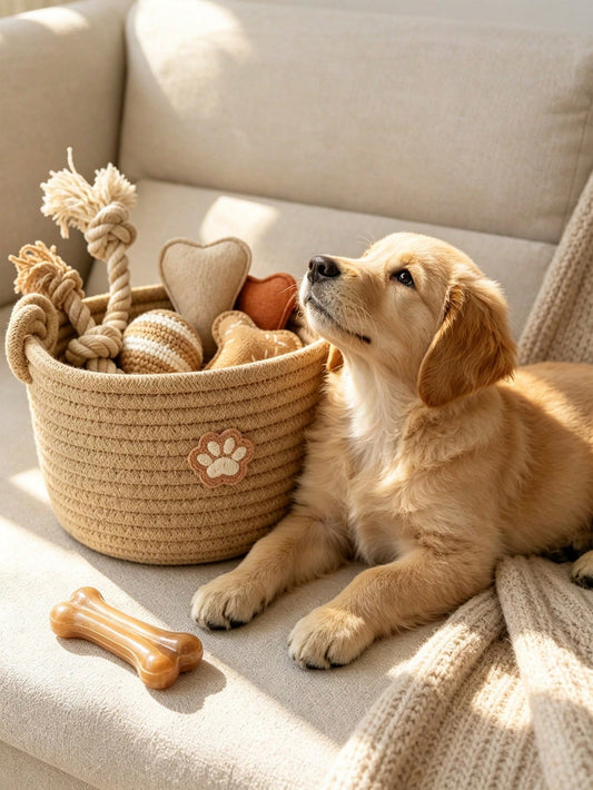 1 Piece Hand-Woven Pet Storage Basket In Khaki Color With Handle And Dog Paw Embroidery Pattern, Home Storage Basket For Pet Clothes, Snacks And Toys, Home Office Desk Organizer, Soft And Foldable