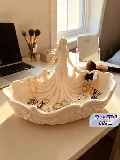 1 Piece Of Decorative Jewelry Stand With Crystal Shape, Large Capacity Design, White Resin Handmade, European Romantic Vintage Style, White Glaze + Flower Pattern, Tabletop Decor For Jewelry, Earrings
