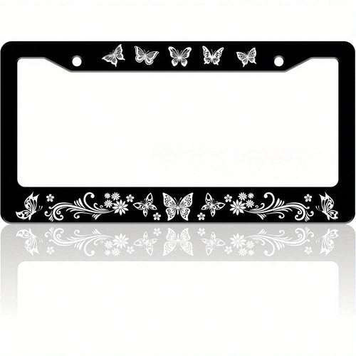 1 Piece Of Exquisite Butterfly License Plate Frame With Fun Floral Pattern, Suitable For Both Front And Rear License Plates, Stainless Steel License Plate Holder, Car Decoration, Includes Screws, 6. 3