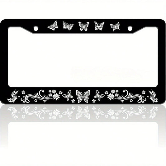 1 Piece Of Exquisite Butterfly License Plate Frame With Fun Floral Pattern, Suitable For Both Front And Rear License Plates, Stainless Steel License Plate Holder, Car Decoration, Includes Screws, 6. 3