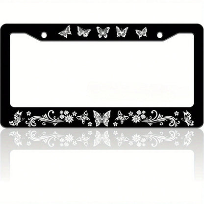 1 Piece Of Exquisite Butterfly License Plate Frame With Fun Floral Pattern, Suitable For Both Front And Rear License Plates, Stainless Steel License Plate Holder, Car Decoration, Includes Screws, 6. 3