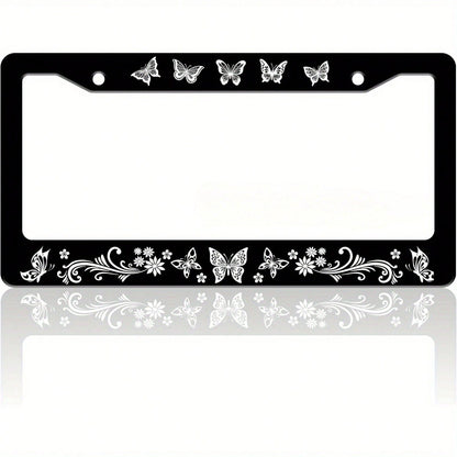 1 Piece Of Exquisite Butterfly License Plate Frame With Fun Floral Pattern, Suitable For Both Front And Rear License Plates, Stainless Steel License Plate Holder, Car Decoration, Includes Screws, 6. 3