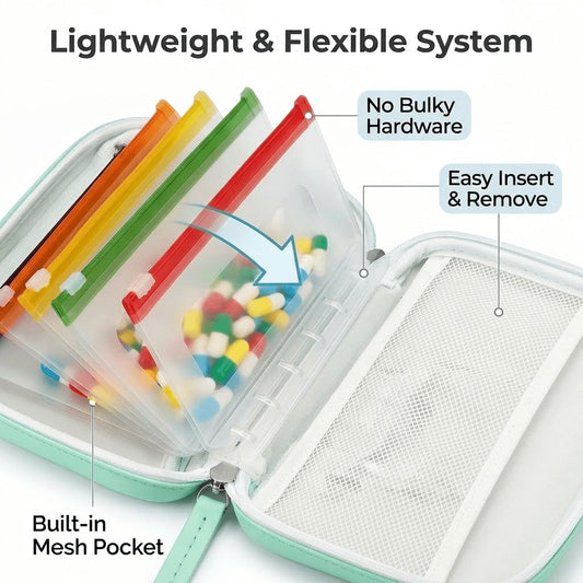 1-Piece Waterproof Pill Organizer Set, Large Weekly Pill Organizer Box, With 14 Color-Coded Pill Bags, Reusable Travel Medicine Storage Bag, Pill Storage Bag With Zipper
