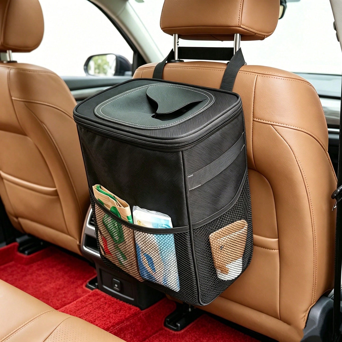 1 Portable Foldable Trash Can With Lid, Foldable Car Storage Bag, Multifunctional Car Hanging Bag, Waterproof Car Trash Can, Convenient Storage Box, Travel Essential.