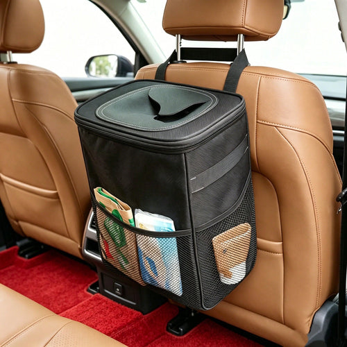 1 Portable Foldable Trash Can With Lid, Foldable Car Storage Bag, Multifunctional Car Hanging Bag, Waterproof Car Trash Can, Convenient Storage Box, Travel Essential.