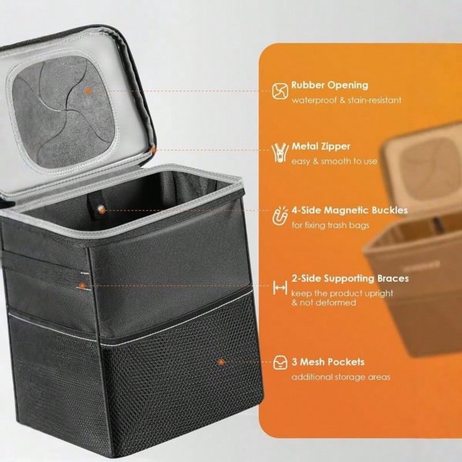 1 Portable Foldable Trash Can With Lid, Foldable Car Storage Bag, Multifunctional Car Hanging Bag, Waterproof Car Trash Can, Convenient Storage Box, Travel Essential.