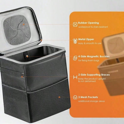 1 Portable Foldable Trash Can With Lid, Foldable Car Storage Bag, Multifunctional Car Hanging Bag, Waterproof Car Trash Can, Convenient Storage Box, Travel Essential.