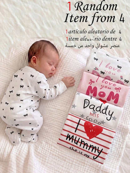1 Random Pajamas From 4 Newborn Baby Round Neck Long Sleeve & Footed Autumn Soft Knit Pajamas White & Pink Heart Star Print Snap Button Sleepwear