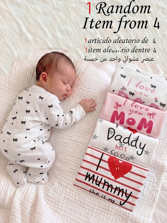 1 Random Pajamas From 4 Newborn Baby Round Neck Long Sleeve & Footed Autumn Soft Knit Pajamas White & Pink Heart Star Print Snap Button Sleepwear