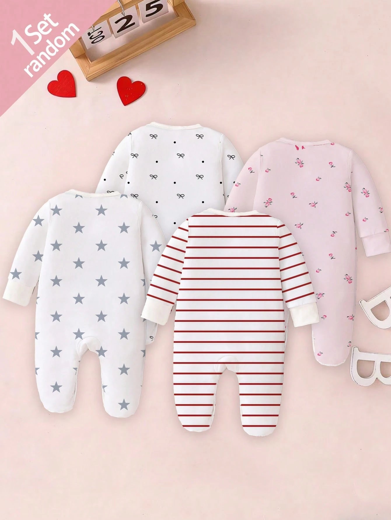 1 Random Pajamas From 4 Newborn Baby Round Neck Long Sleeve & Footed Autumn Soft Knit Pajamas White & Pink Heart Star Print Snap Button Sleepwear