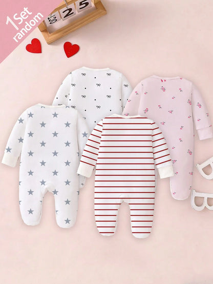 1 Random Pajamas From 4 Newborn Baby Round Neck Long Sleeve & Footed Autumn Soft Knit Pajamas White & Pink Heart Star Print Snap Button Sleepwear