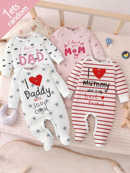 1 Random Pajamas From 4 Newborn Baby Round Neck Long Sleeve & Footed Autumn Soft Knit Pajamas White & Pink Heart Star Print Snap Button Sleepwear