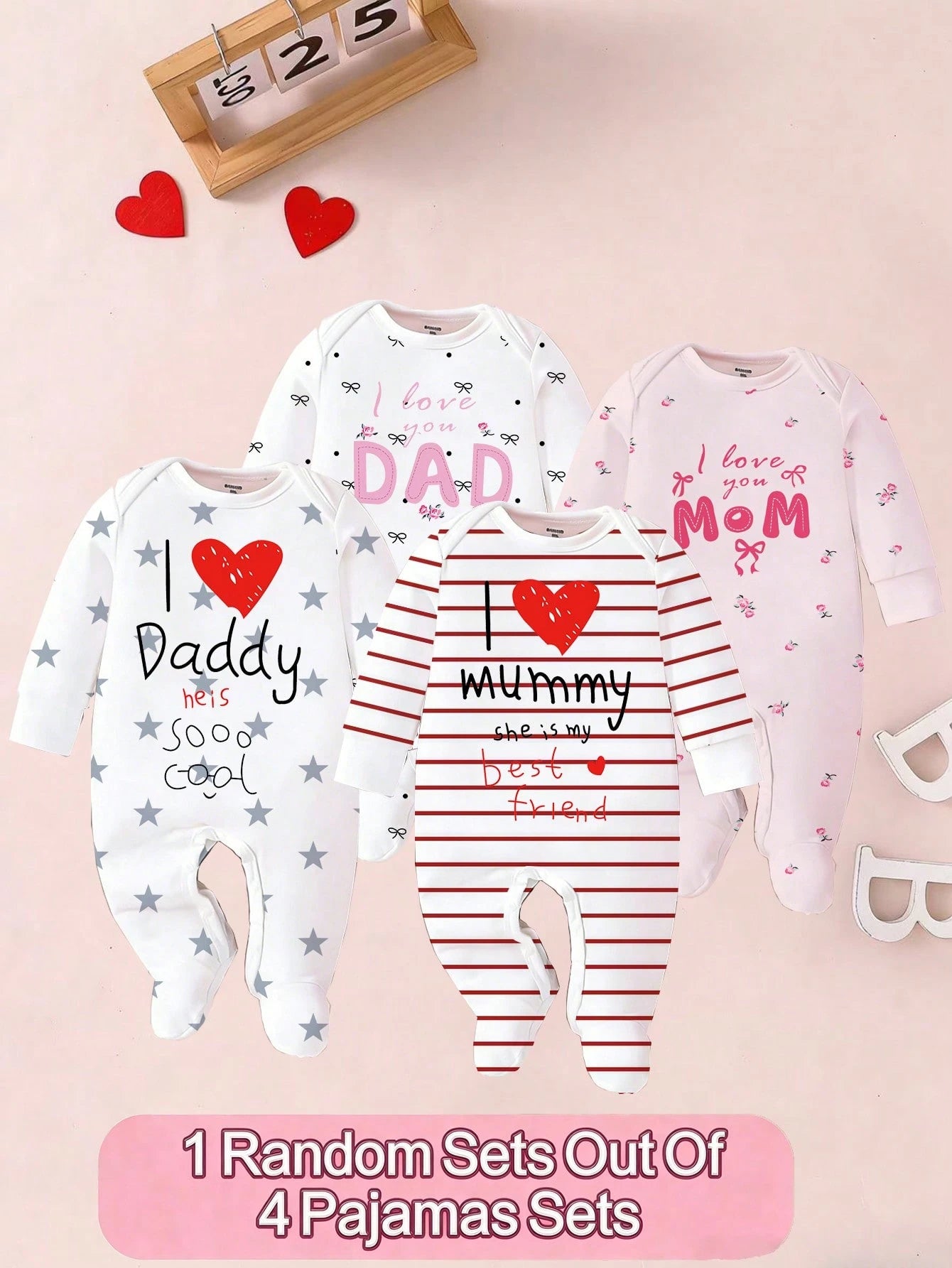1 Random Pajamas From 4 Newborn Baby Round Neck Long Sleeve & Footed Autumn Soft Knit Pajamas White & Pink Heart Star Print Snap Button Sleepwear
