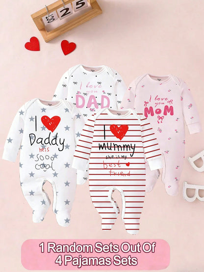 1 Random Pajamas From 4 Newborn Baby Round Neck Long Sleeve & Footed Autumn Soft Knit Pajamas White & Pink Heart Star Print Snap Button Sleepwear