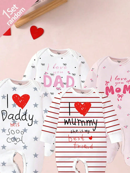 1 Random Pajamas From 4 Newborn Baby Round Neck Long Sleeve & Footed Autumn Soft Knit Pajamas White & Pink Heart Star Print Snap Button Sleepwear