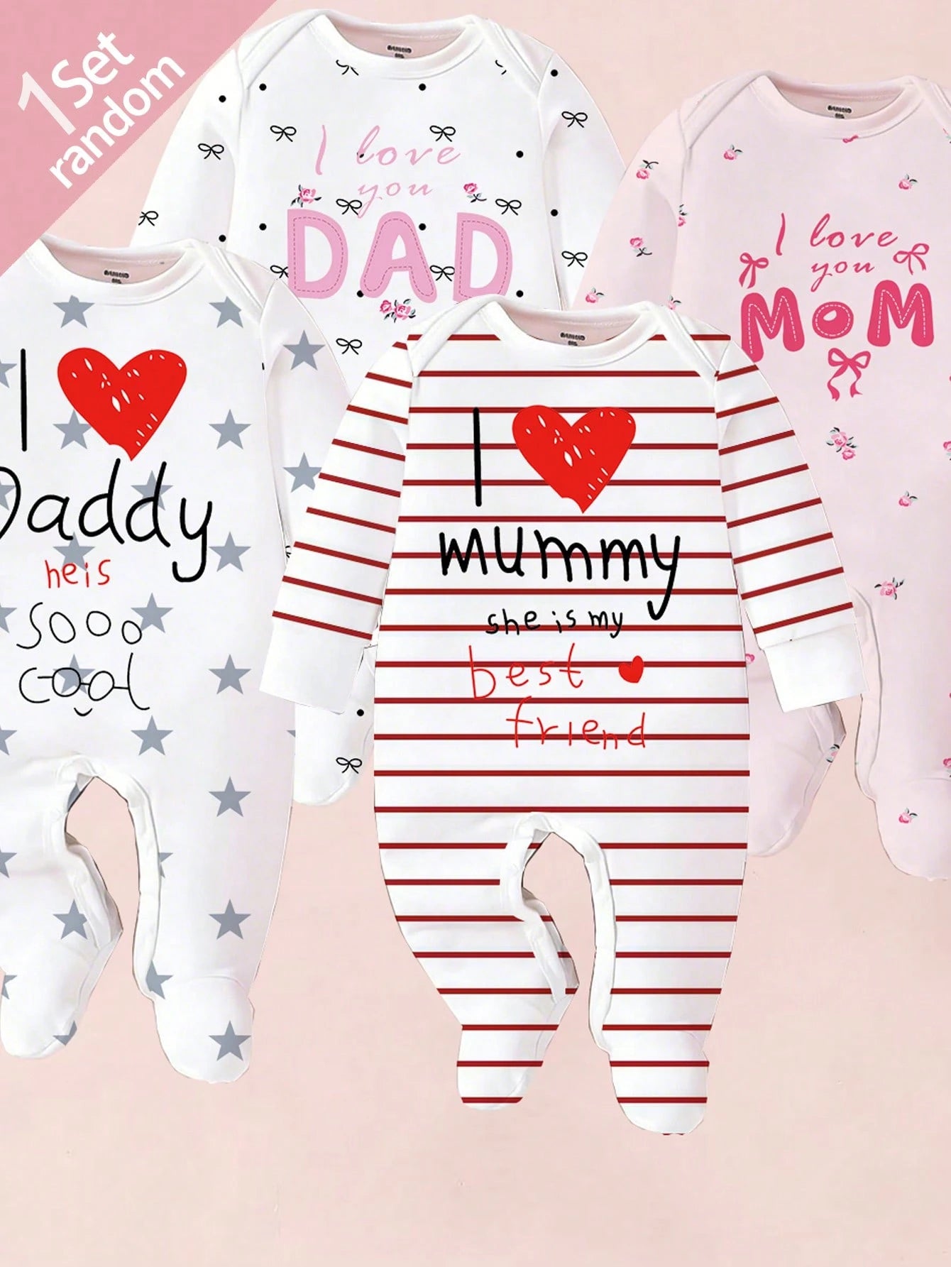 1 Random Pajamas From 4 Newborn Baby Round Neck Long Sleeve & Footed Autumn Soft Knit Pajamas White & Pink Heart Star Print Snap Button Sleepwear