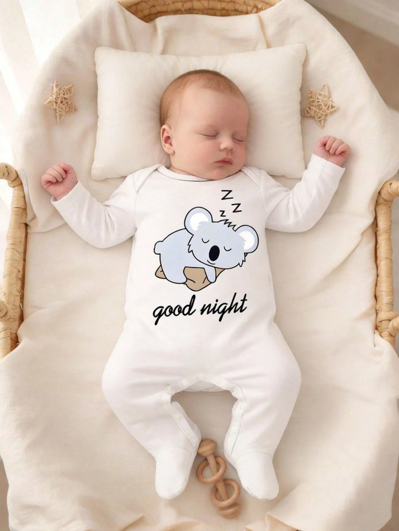 1 Random Pajamas From 4 Newborn Baby Round Neck Long Sleeve & Footed Autumn Soft Knit Pajamas White & Pink Heart Star Print Snap Button Sleepwear