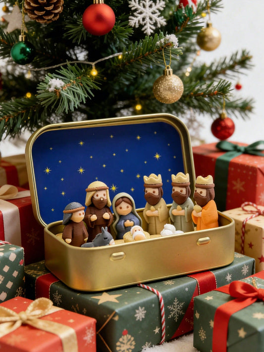 1 Set/1pc - Christmas Nativity Scene Set In Tin Box, Christmas Nativity Scene Set, Jesus Statue, Suitable For Holy Family, Statue Tin Box Set, Handmade Small Nativity Scene Set, Holiday Decoration, Gi