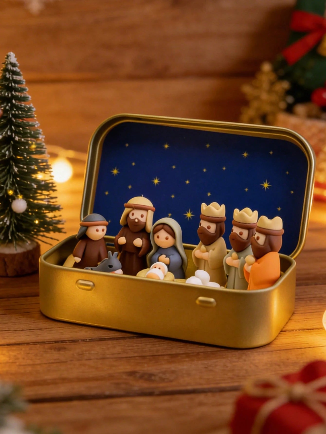 1 Set/1pc - Christmas Nativity Scene Set In Tin Box, Christmas Nativity Scene Set, Jesus Statue, Suitable For Holy Family, Statue Tin Box Set, Handmade Small Nativity Scene Set, Holiday Decoration, Gi