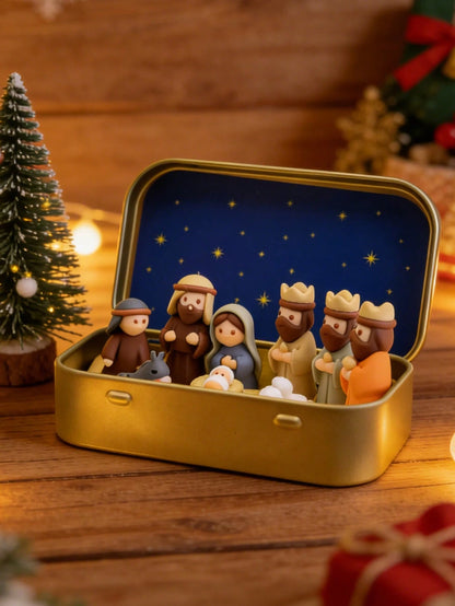 1 Set/1pc - Christmas Nativity Scene Set In Tin Box, Christmas Nativity Scene Set, Jesus Statue, Suitable For Holy Family, Statue Tin Box Set, Handmade Small Nativity Scene Set, Holiday Decoration, Gi