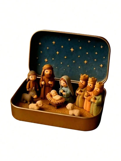 1 Set/1pc - Christmas Nativity Scene Set In Tin Box, Christmas Nativity Scene Set, Jesus Statue, Suitable For Holy Family, Statue Tin Box Set, Handmade Small Nativity Scene Set, Holiday Decoration, Gi