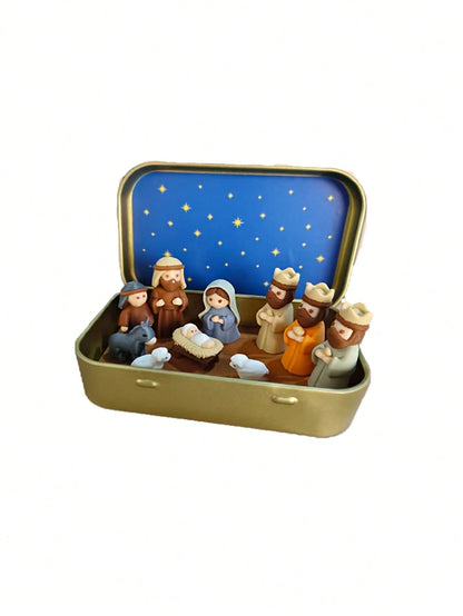 1 Set/1pc - Christmas Nativity Scene Set In Tin Box, Christmas Nativity Scene Set, Jesus Statue, Suitable For Holy Family, Statue Tin Box Set, Handmade Small Nativity Scene Set, Holiday Decoration, Gi