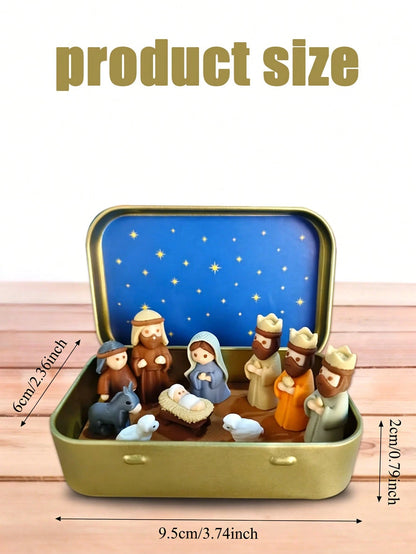 1 Set/1pc - Christmas Nativity Scene Set In Tin Box, Christmas Nativity Scene Set, Jesus Statue, Suitable For Holy Family, Statue Tin Box Set, Handmade Small Nativity Scene Set, Holiday Decoration, Gi