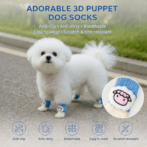 1 Set 4pcs Cute 3D Dog Socks, Anti-Slip Polka Dot Bottom Anti-Scratch Anti-Dirt Warm Knitted Socks, Elastic Cuff Indoor Floor Protection Shoes, Suitable For Small Dogs Teddy Bichon Daily Walking Home
