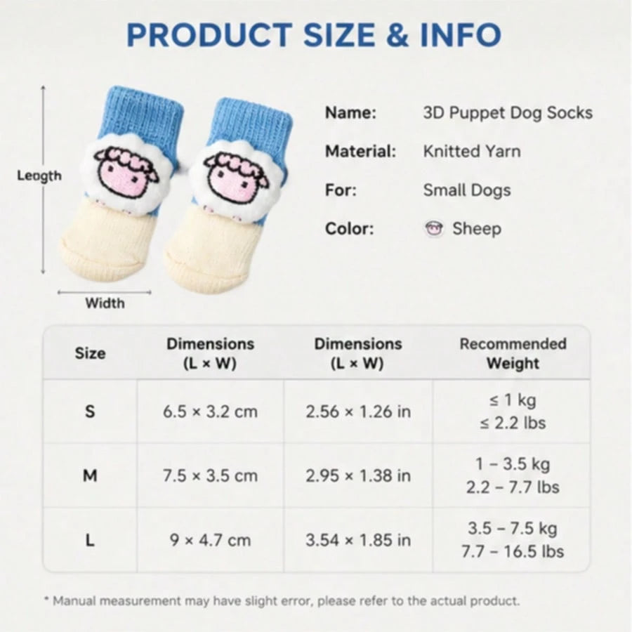 1 Set 4pcs Cute 3D Dog Socks, Anti-Slip Polka Dot Bottom Anti-Scratch Anti-Dirt Warm Knitted Socks, Elastic Cuff Indoor Floor Protection Shoes, Suitable For Small Dogs Teddy Bichon Daily Walking Home