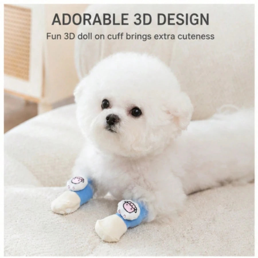 1 Set 4pcs Cute 3D Dog Socks, Anti-Slip Polka Dot Bottom Anti-Scratch Anti-Dirt Warm Knitted Socks, Elastic Cuff Indoor Floor Protection Shoes, Suitable For Small Dogs Teddy Bichon Daily Walking Home