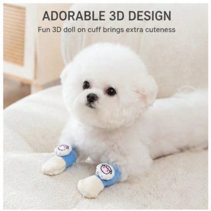 1 Set 4pcs Cute 3D Dog Socks, Anti-Slip Polka Dot Bottom Anti-Scratch Anti-Dirt Warm Knitted Socks, Elastic Cuff Indoor Floor Protection Shoes, Suitable For Small Dogs Teddy Bichon Daily Walking Home