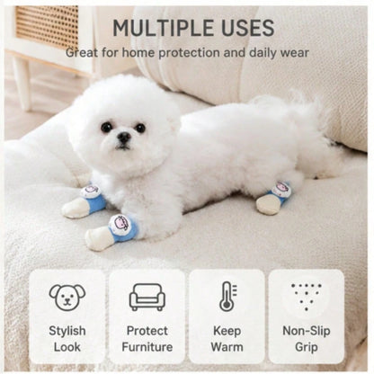 1 Set 4pcs Cute 3D Dog Socks, Anti-Slip Polka Dot Bottom Anti-Scratch Anti-Dirt Warm Knitted Socks, Elastic Cuff Indoor Floor Protection Shoes, Suitable For Small Dogs Teddy Bichon Daily Walking Home
