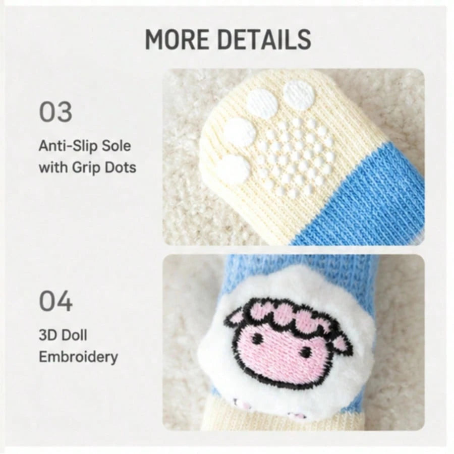 1 Set 4pcs Cute 3D Dog Socks, Anti-Slip Polka Dot Bottom Anti-Scratch Anti-Dirt Warm Knitted Socks, Elastic Cuff Indoor Floor Protection Shoes, Suitable For Small Dogs Teddy Bichon Daily Walking Home