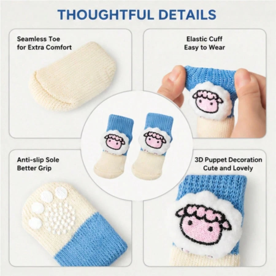 1 Set 4pcs Cute 3D Dog Socks, Anti-Slip Polka Dot Bottom Anti-Scratch Anti-Dirt Warm Knitted Socks, Elastic Cuff Indoor Floor Protection Shoes, Suitable For Small Dogs Teddy Bichon Daily Walking Home