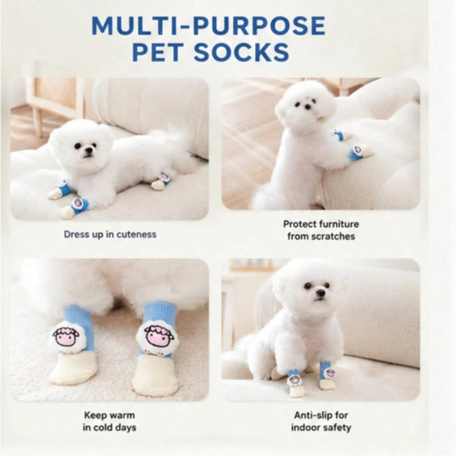 1 Set 4pcs Cute 3D Dog Socks, Anti-Slip Polka Dot Bottom Anti-Scratch Anti-Dirt Warm Knitted Socks, Elastic Cuff Indoor Floor Protection Shoes, Suitable For Small Dogs Teddy Bichon Daily Walking Home