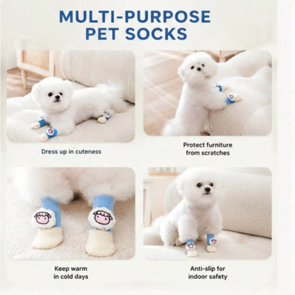 1 Set 4pcs Cute 3D Dog Socks, Anti-Slip Polka Dot Bottom Anti-Scratch Anti-Dirt Warm Knitted Socks, Elastic Cuff Indoor Floor Protection Shoes, Suitable For Small Dogs Teddy Bichon Daily Walking Home