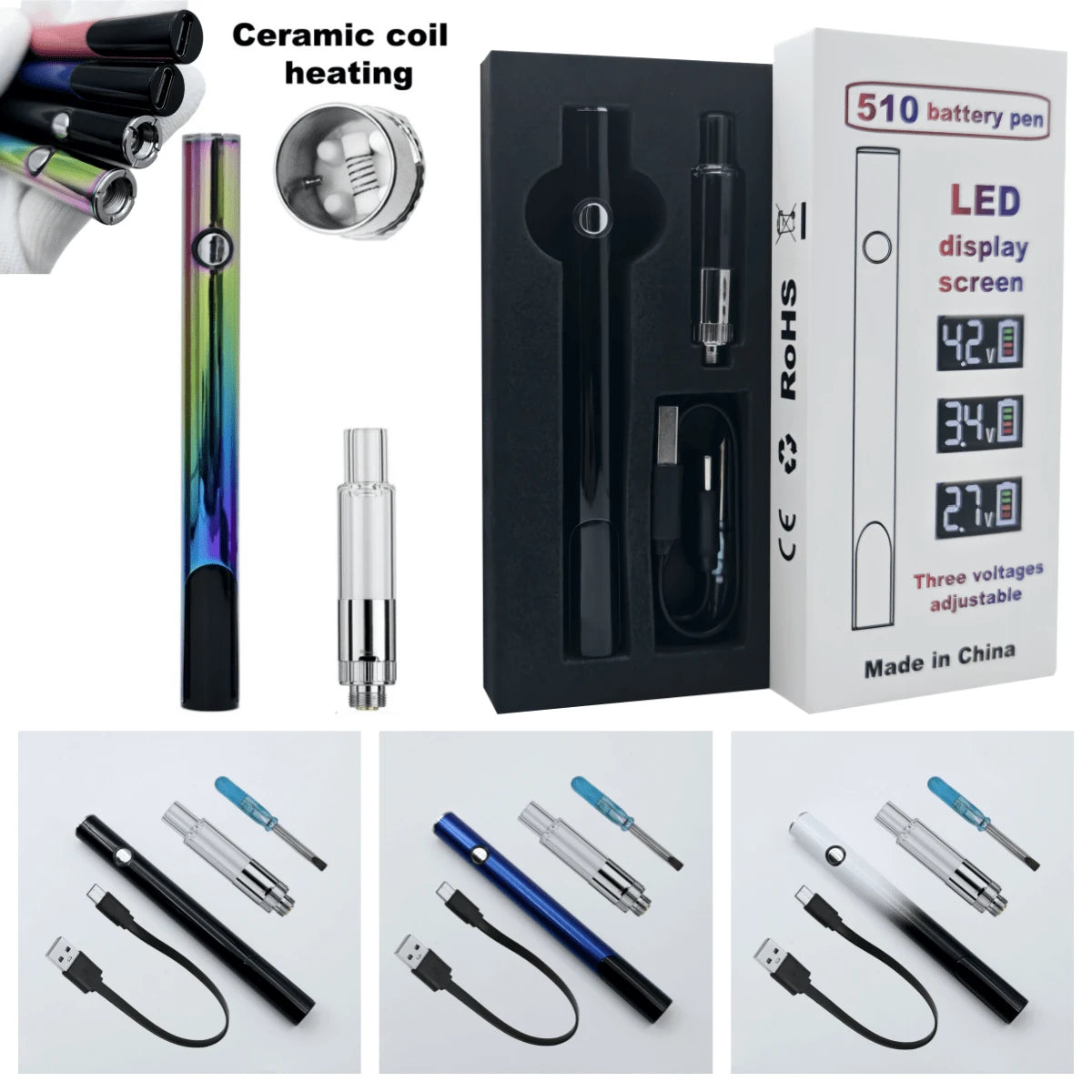 1 Set 510 Threaded Battery Pen, Short Circuit Detection Atomizer, With Digital Screen Display, Adjustable Voltage, USB-C Charging, A DIY Maintenance Tool Suitable For Rosin Dispensing Short Circuit De